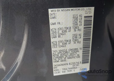 2015 Nissan Armada Sv z USA, uszkodzony, nr VIN 5N1BA0ND4FN620763